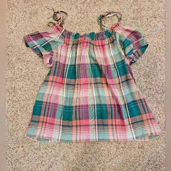 Ann Taylor LOFT Plaid Tie Off The Shoulder Top Size Small in Cool Pine - Picture 6 of 7
